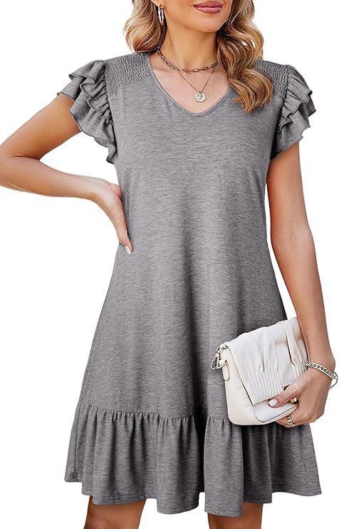 Ruffle Sleeve Tiered Hem Mini Dress - grey