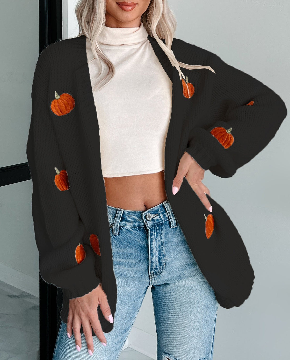 Pumpkin Embroidered Oversized Open Cardigan - Black