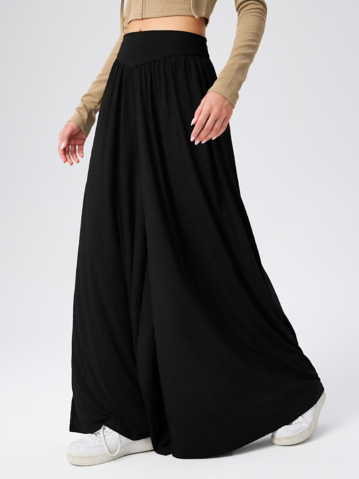 High Waist Pleated Wide Leg Palazzo Pants - Black - 1