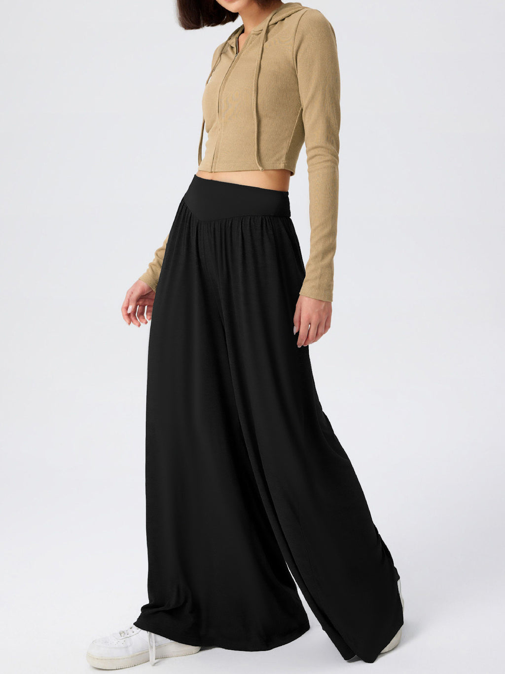 High Waist Pleated Wide Leg Palazzo Pants - Black - 2