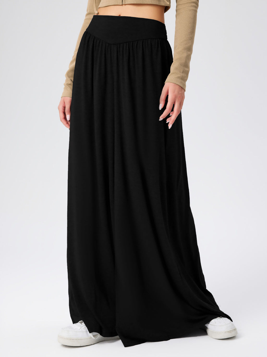 High Waist Pleated Wide Leg Palazzo Pants - Black - 3