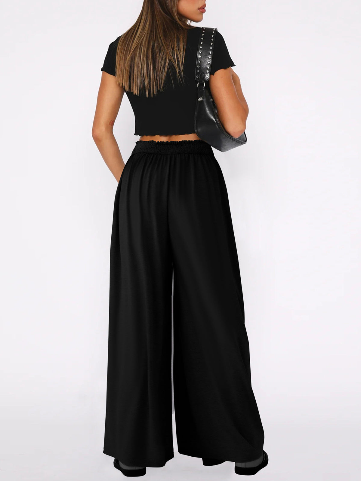 High Waist Pleated Wide Leg Palazzo Pants - Black - 4