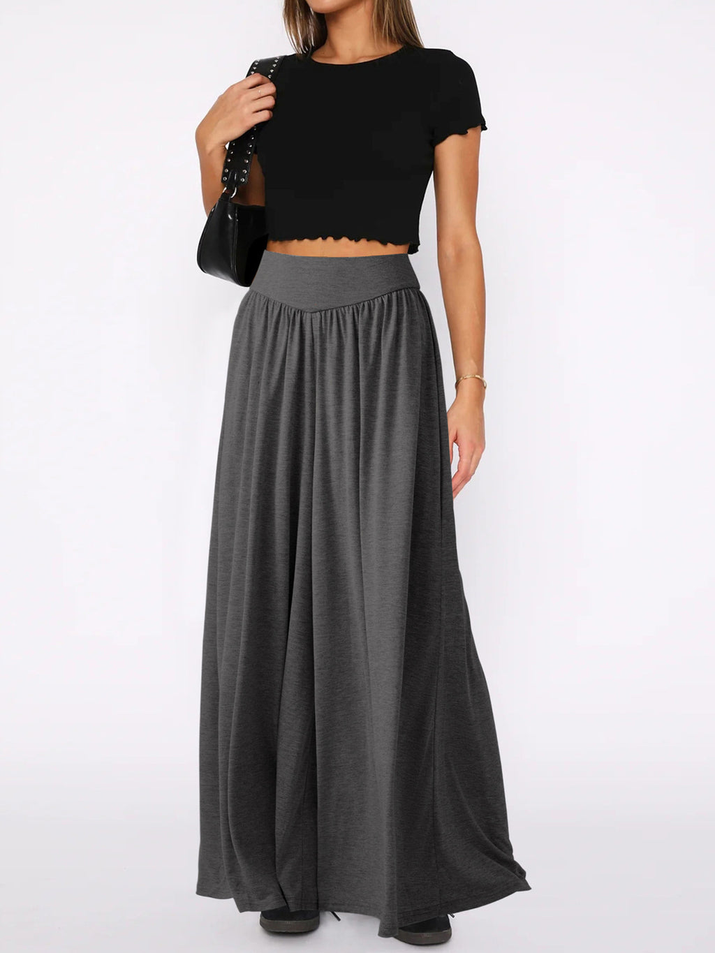 High Waist Pleated Wide Leg Palazzo Pants - Dark gray - 1