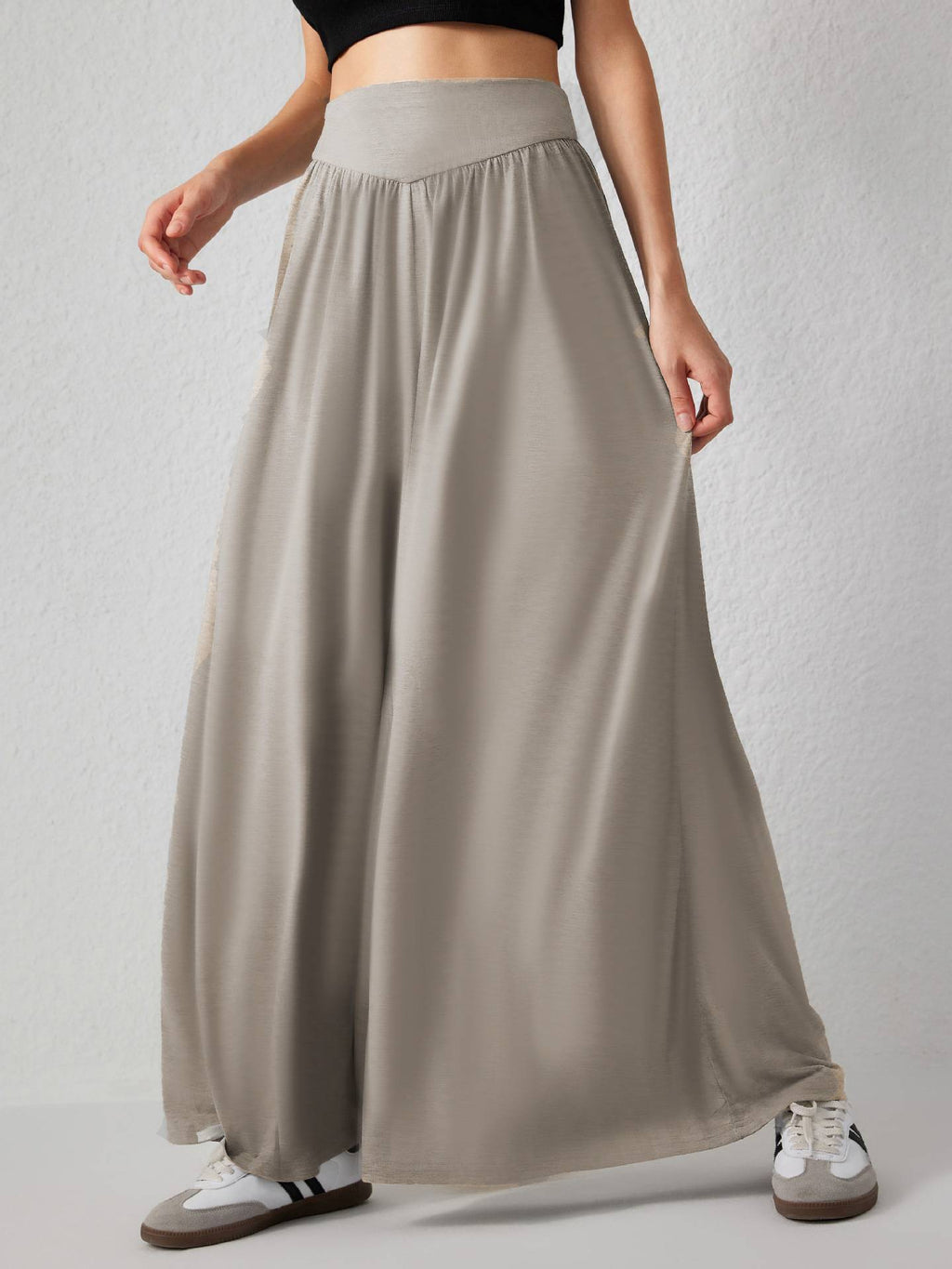 High Waist Pleated Wide Leg Palazzo Pants - Khaki - 2