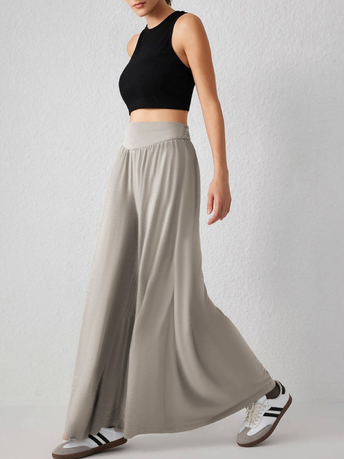 High Waist Pleated Wide Leg Palazzo Pants - Khaki - 3