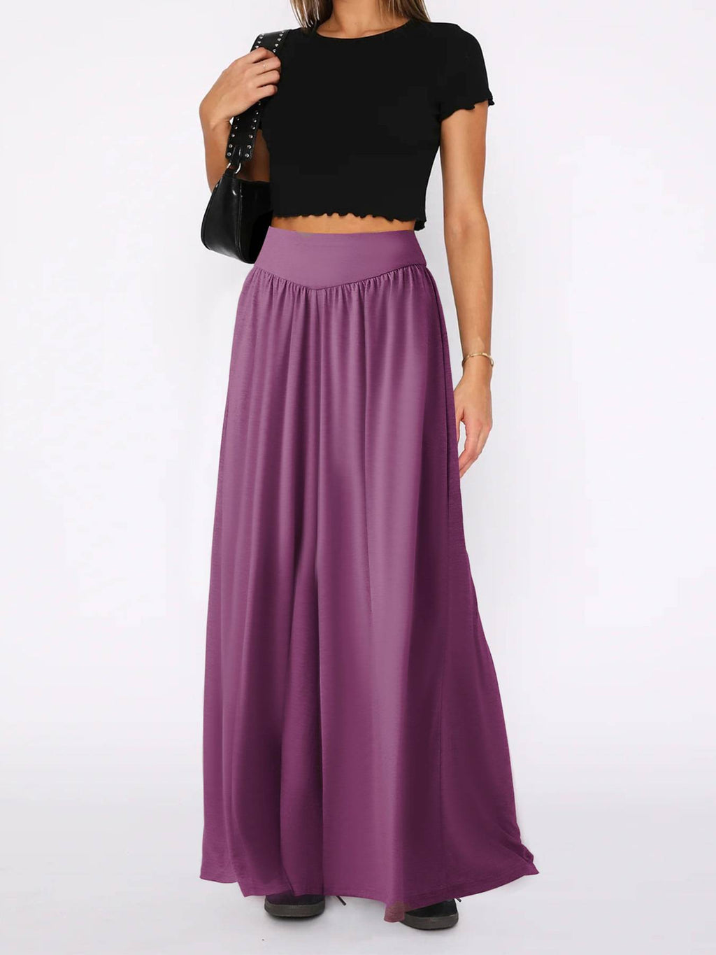High Waist Pleated Wide Leg Palazzo Pants - Purple - 1