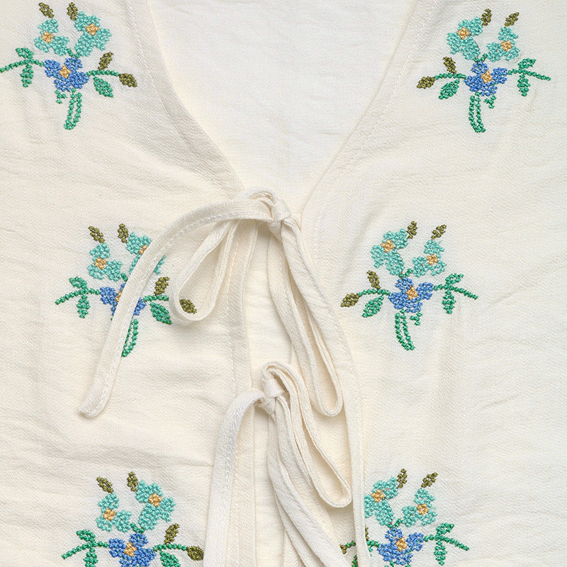 Floral Embroidered Tie Front Flutter Sleeve Top - Apricot - 1