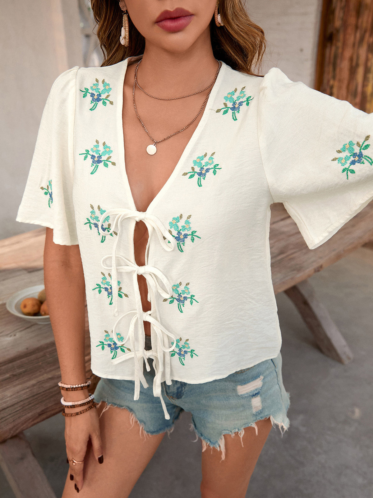 Floral Embroidered Tie Front Flutter Sleeve Top - view 1