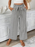 Striped Paperbag Waist Wide Leg Pants - Black