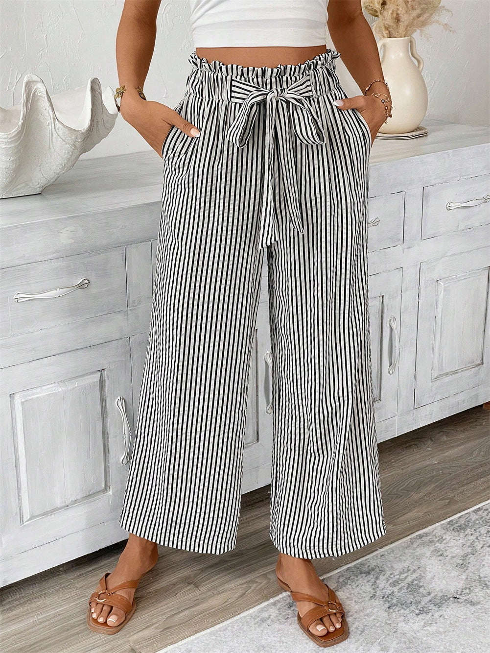 Striped Paperbag Waist Wide Leg Pants - Black