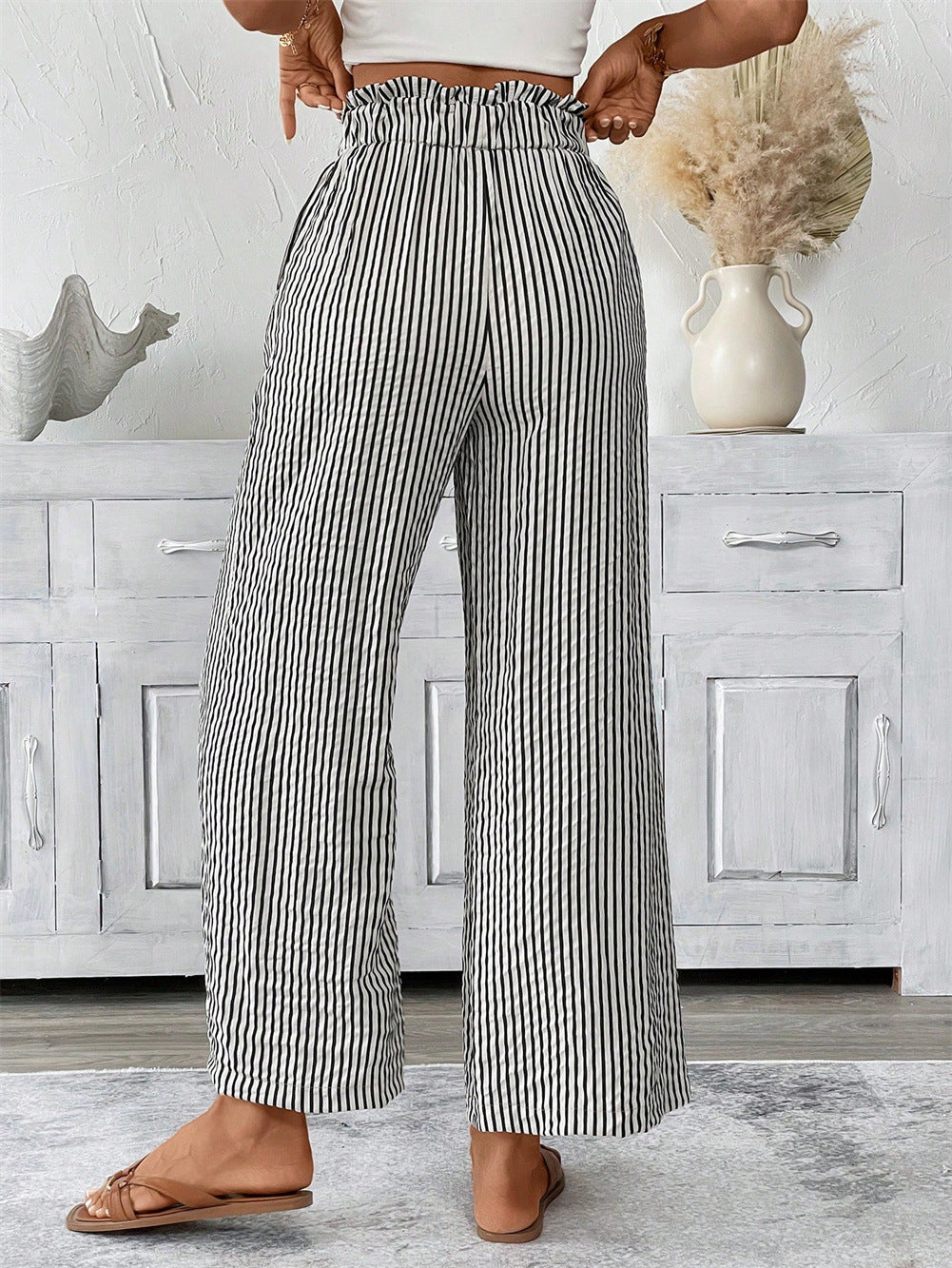 Striped Paperbag Waist Wide Leg Pants - Black - 1