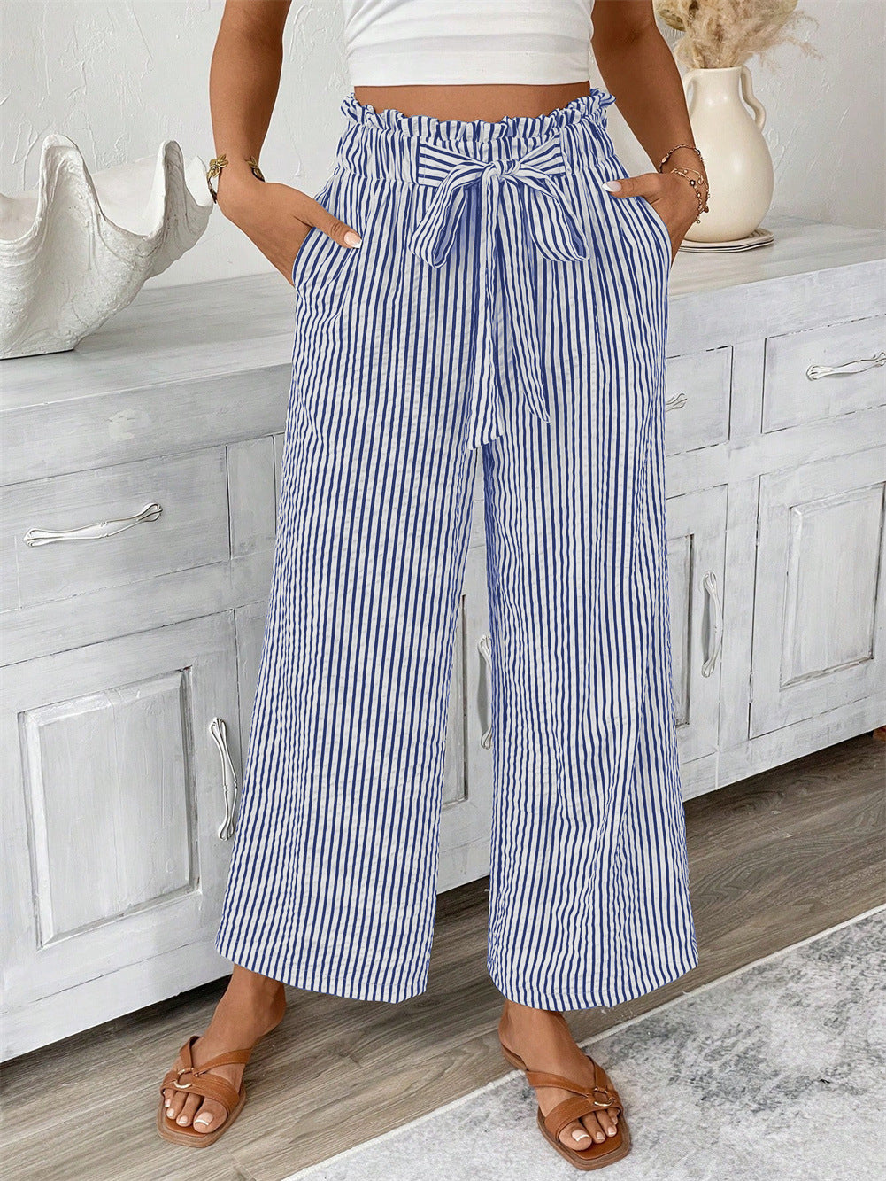 Striped Paperbag Waist Wide Leg Pants - Blue