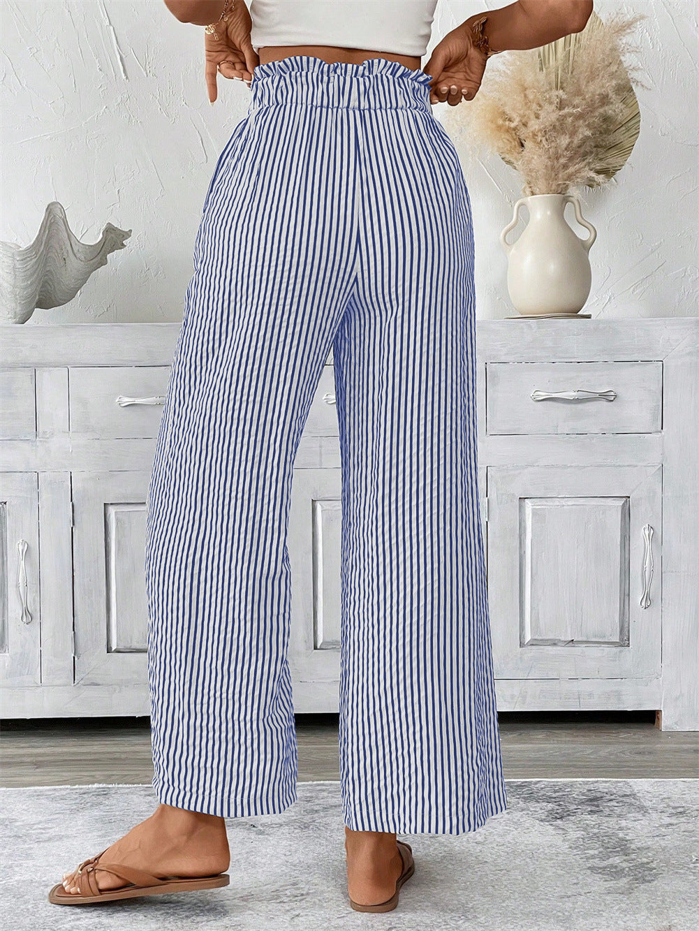Striped Paperbag Waist Wide Leg Pants - Blue - 1