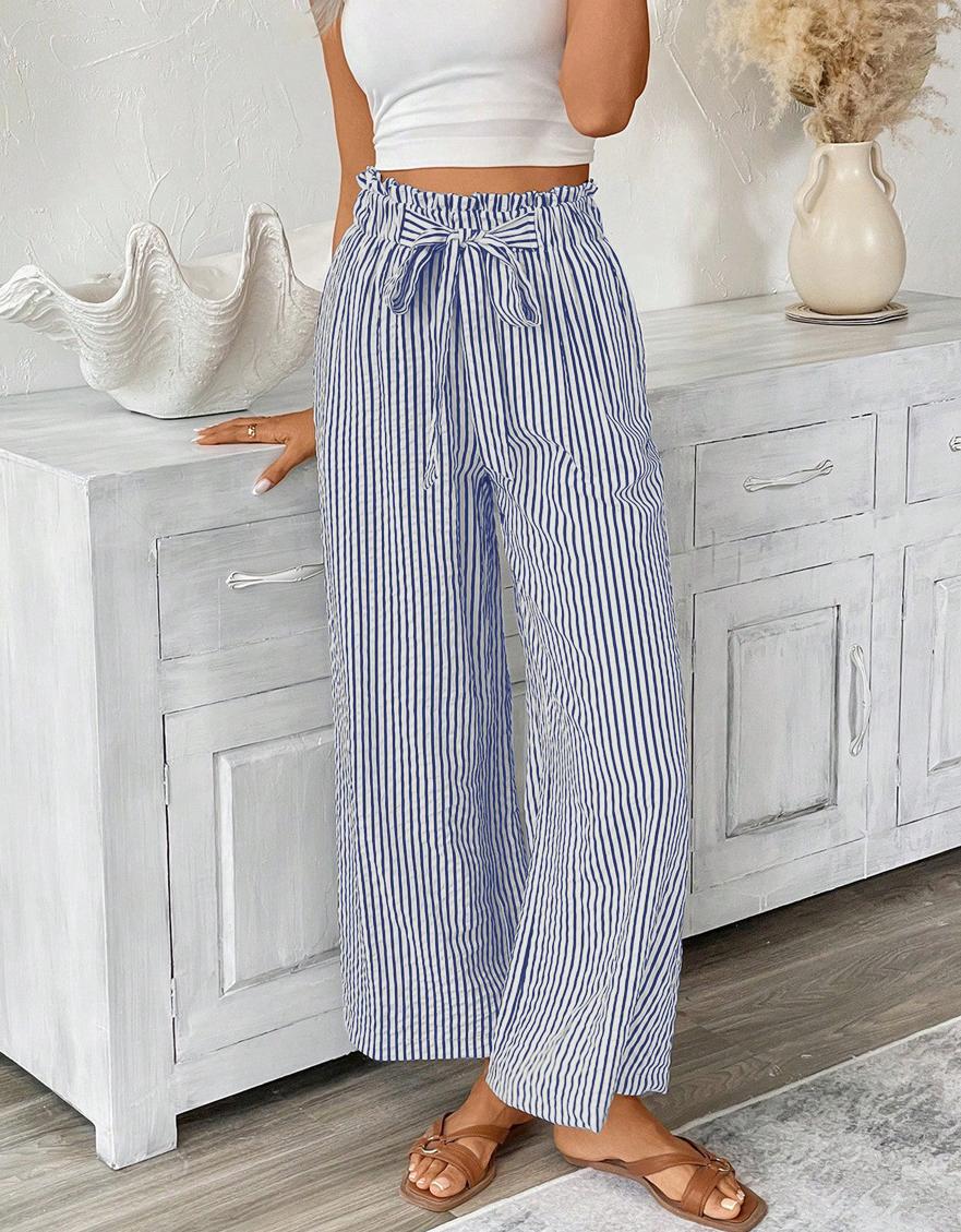 Striped Paperbag Waist Wide Leg Pants - Blue - 2
