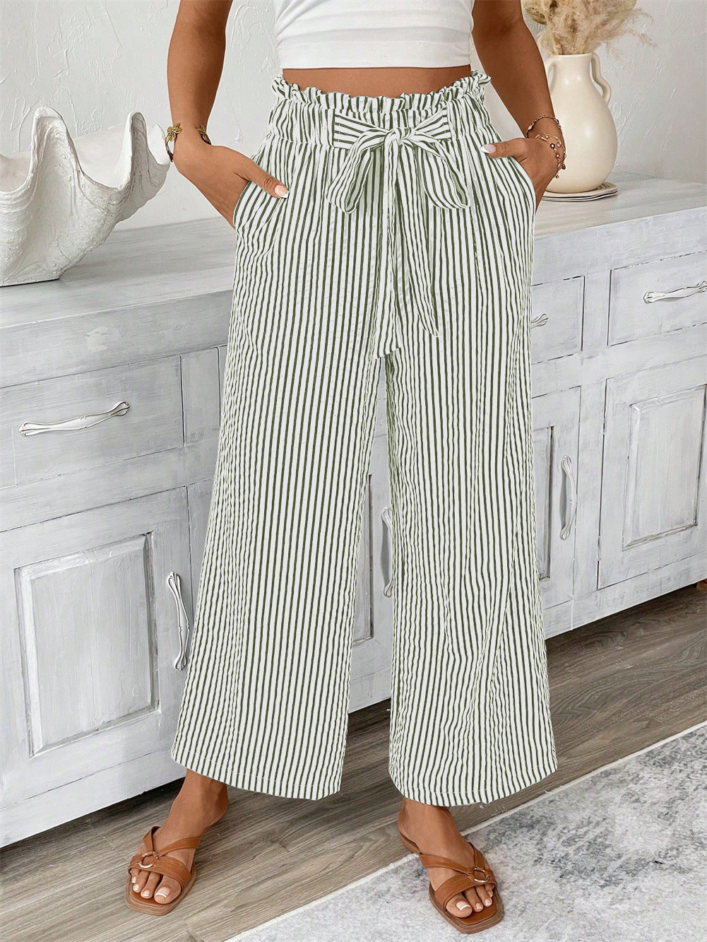 Striped Paperbag Waist Wide Leg Pants - Green