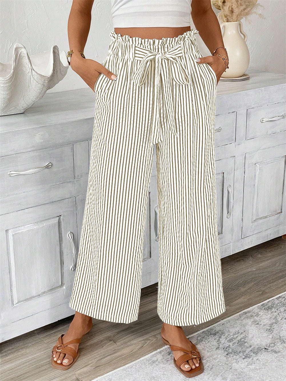 Striped Paperbag Waist Wide Leg Pants - Khaki