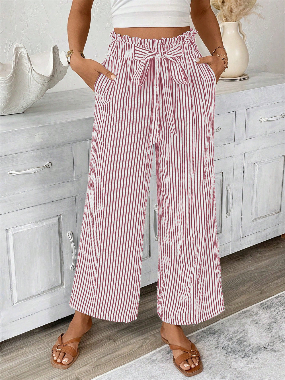 Striped Paperbag Waist Wide Leg Pants - Pink