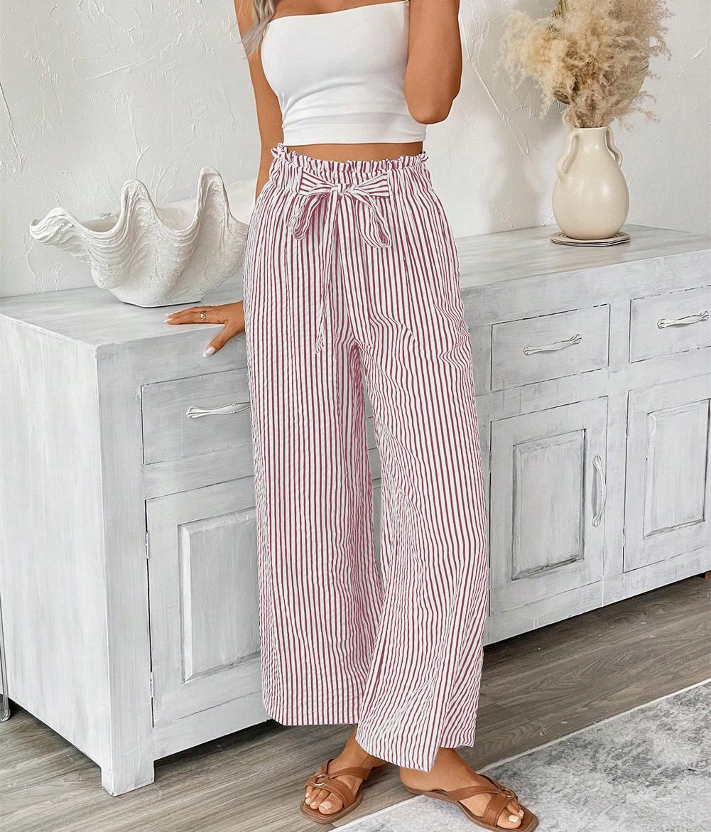 Striped Paperbag Waist Wide Leg Pants - Pink - 1