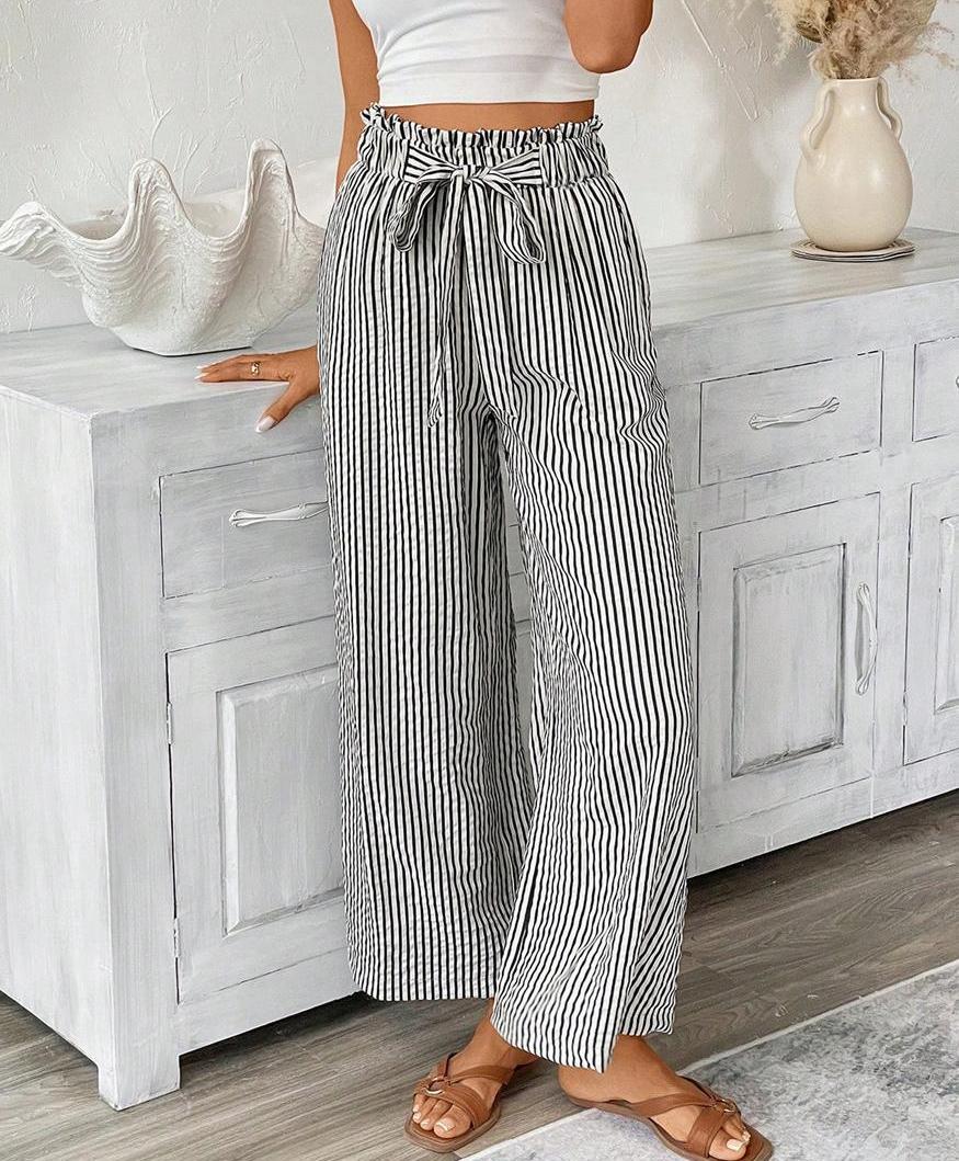 Striped Paperbag Waist Wide Leg Pants