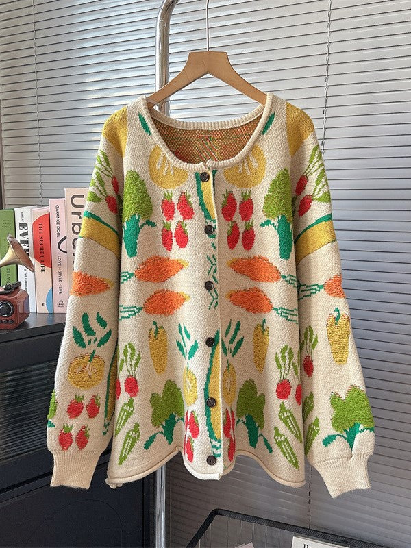 Vegetable Jacquard Oversized Knit Cardigan - Beige