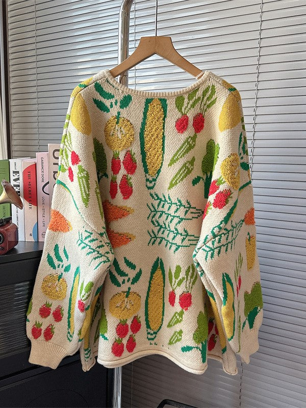 Vegetable Jacquard Oversized Knit Cardigan - Beige - 1