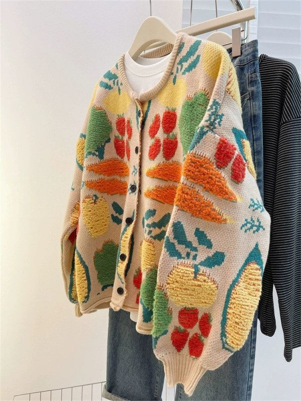 Vegetable Jacquard Oversized Knit Cardigan - Beige - 2