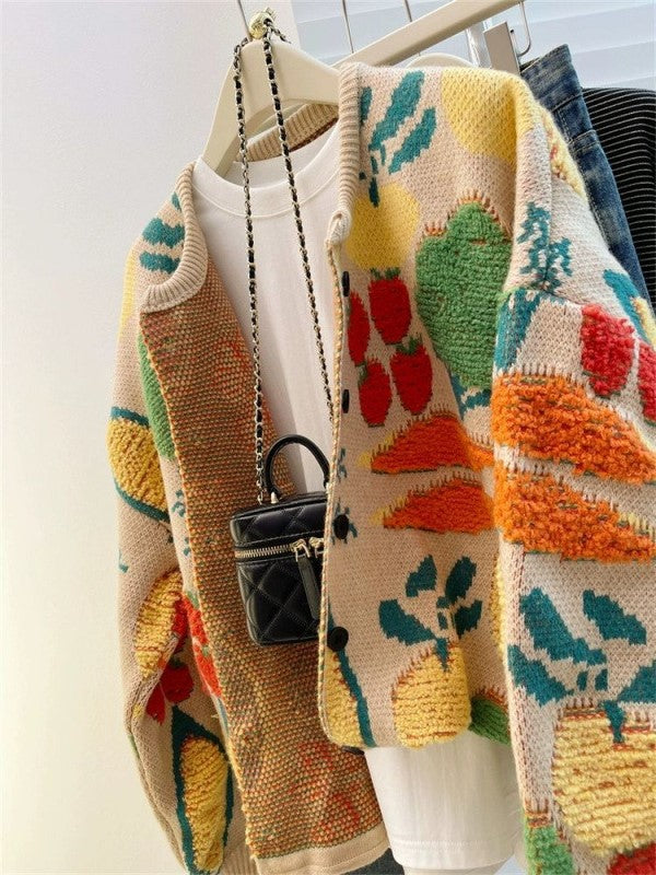 Vegetable Jacquard Oversized Knit Cardigan - Beige - 3