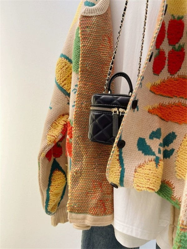 Vegetable Jacquard Oversized Knit Cardigan - Beige - 4