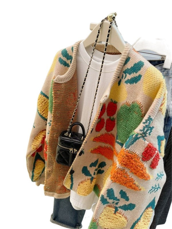 Vegetable Jacquard Oversized Knit Cardigan - Beige - 5