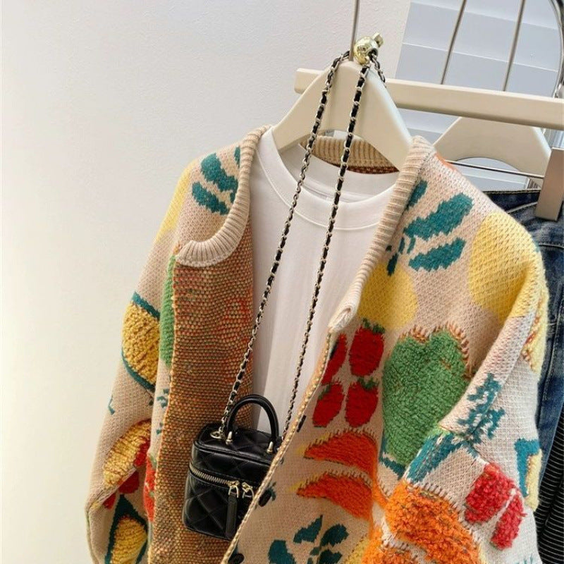 Vegetable Jacquard Oversized Knit Cardigan - Beige - 6