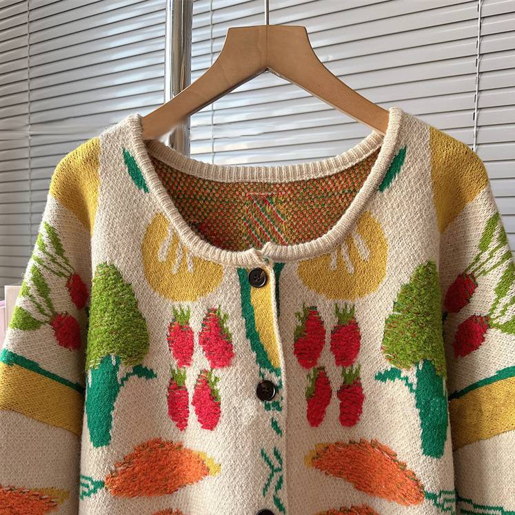 Vegetable Jacquard Oversized Knit Cardigan - Beige - 7