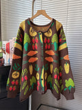 Vegetable Jacquard Oversized Knit Cardigan - Brown