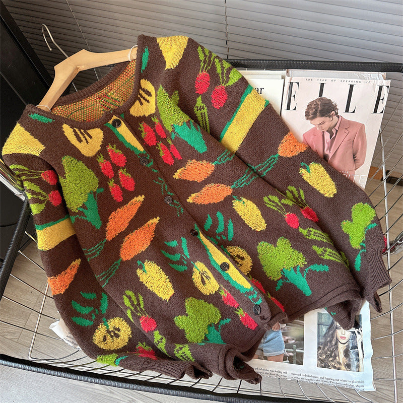 Vegetable Jacquard Oversized Knit Cardigan - Brown - 1