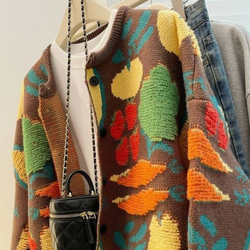 Vegetable Jacquard Oversized Knit Cardigan - Brown - 2