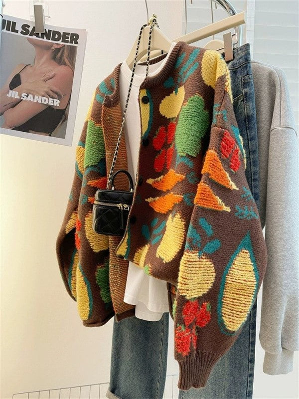 Vegetable Jacquard Oversized Knit Cardigan - Brown - 3