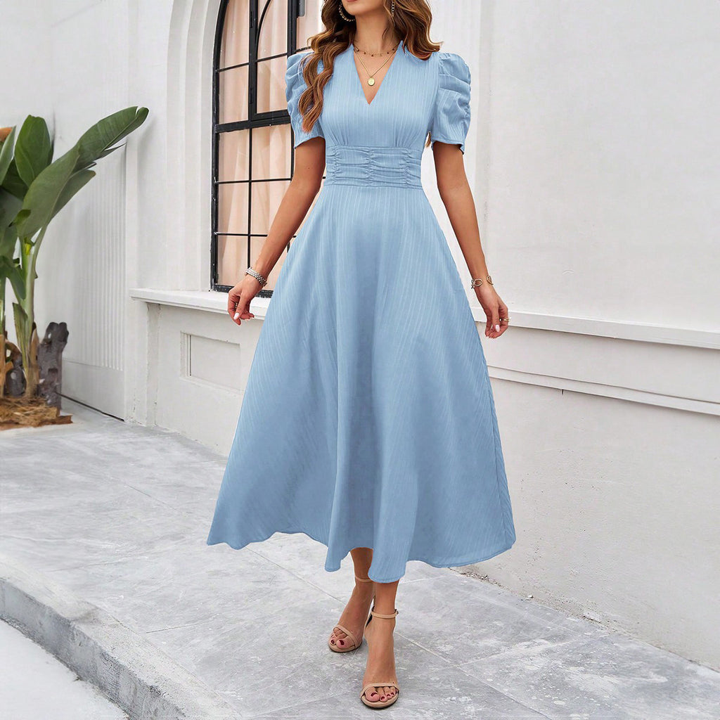 Puff Sleeve Ruched Waist Midi Dress - Blue