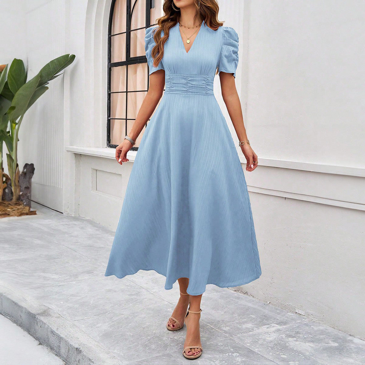 Puff Sleeve Ruched Waist Midi Dress - Blue