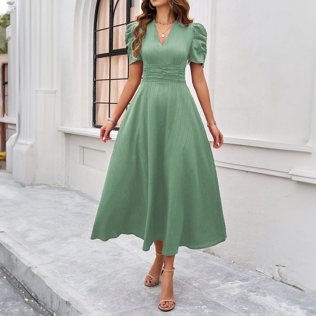 Puff Sleeve Ruched Waist Midi Dress - Green