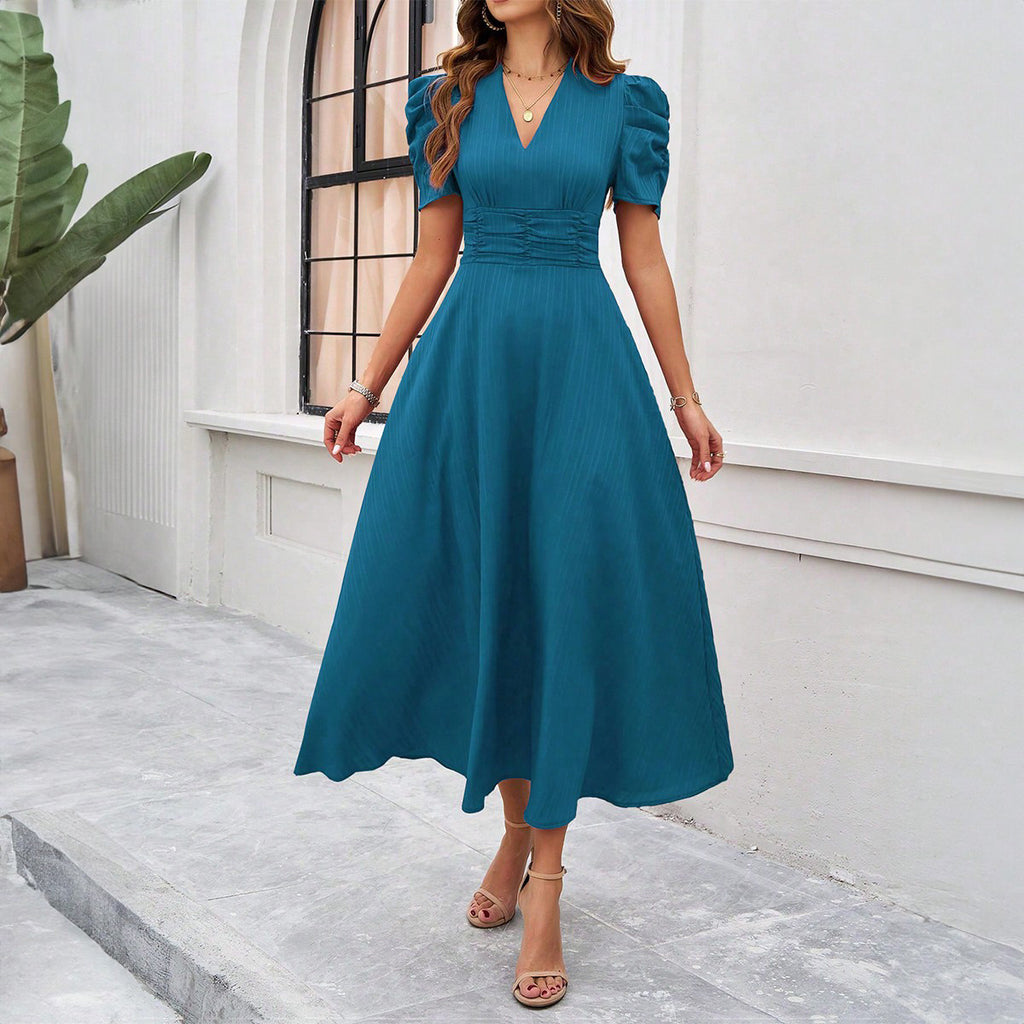 Puff Sleeve Ruched Waist Midi Dress - Peacock_Blue