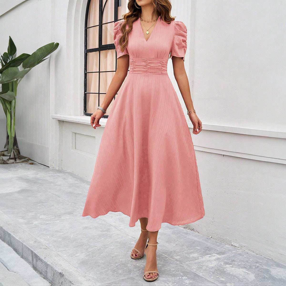 Puff Sleeve Ruched Waist Midi Dress - Pink
