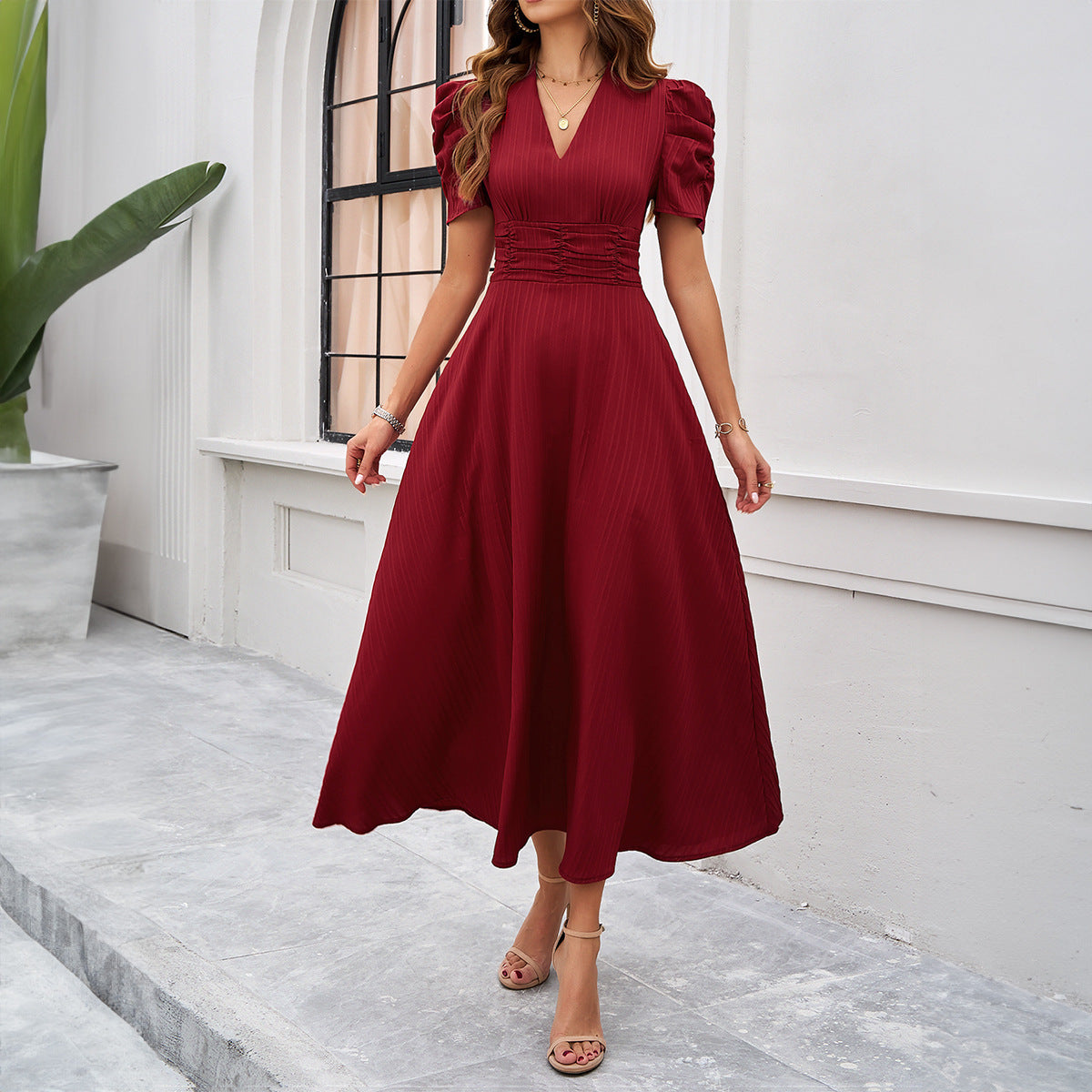 Puff Sleeve Ruched Waist Midi Dress - Red