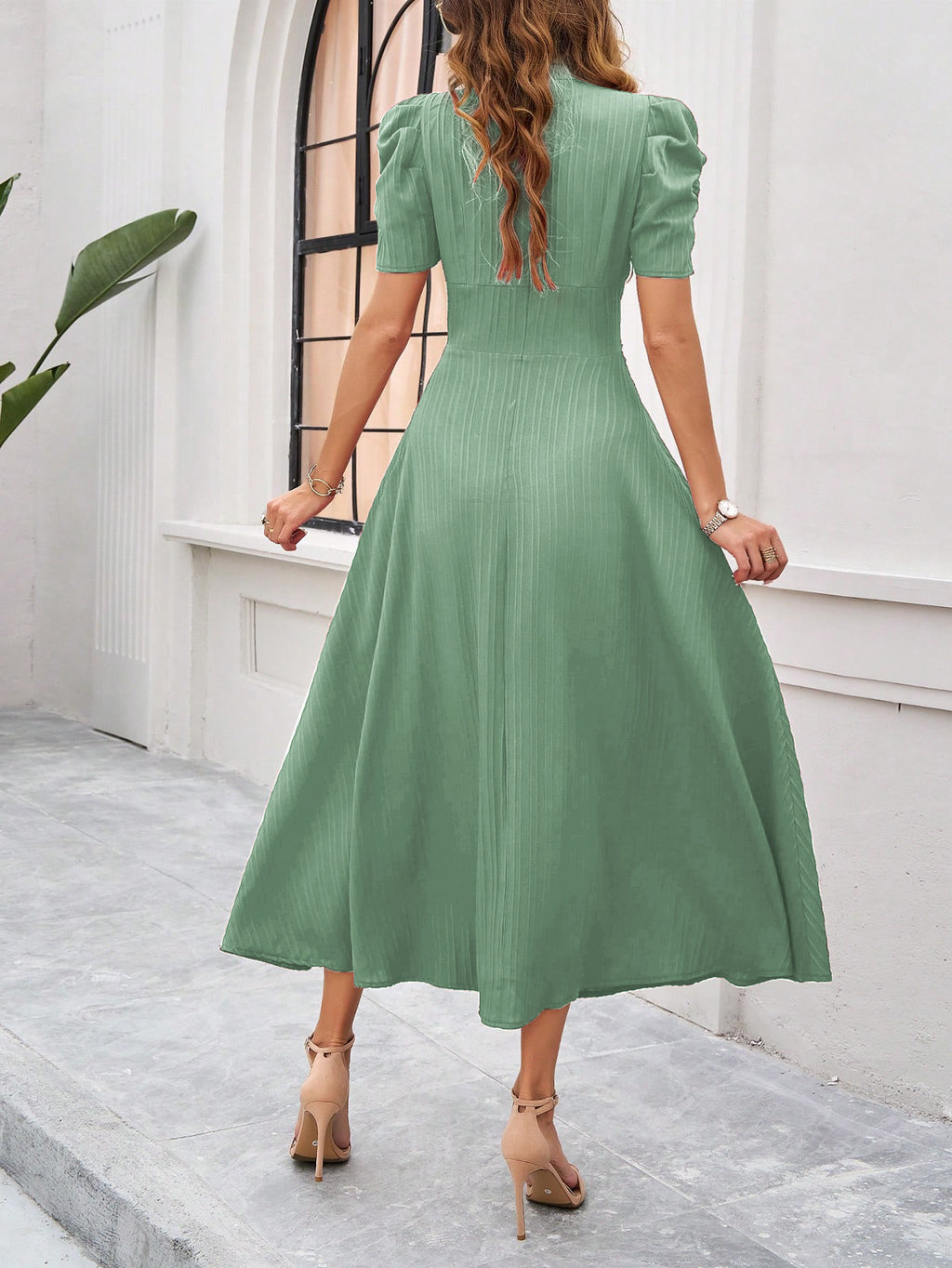 Puff Sleeve Ruched Waist Midi Dress