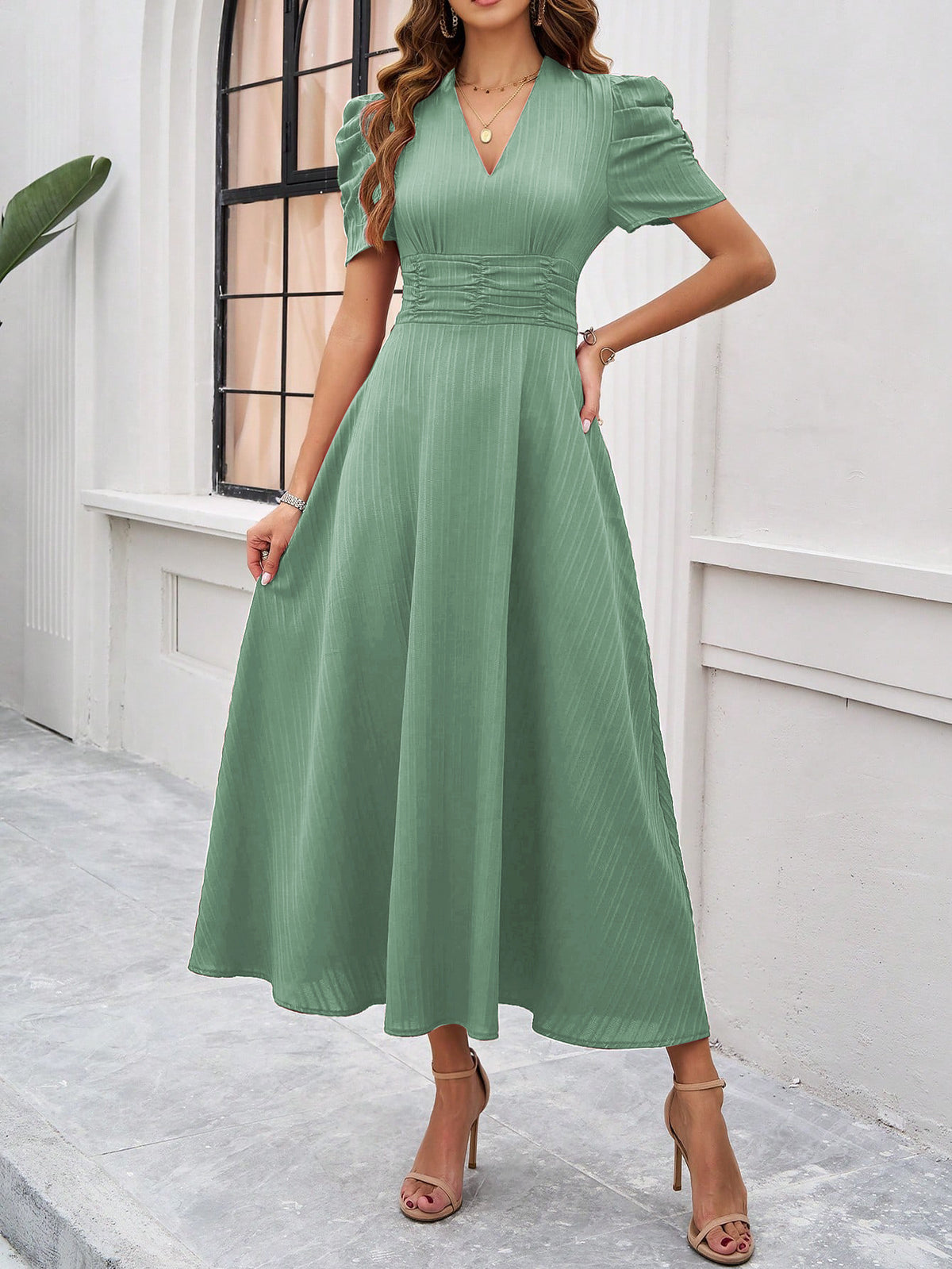 Puff Sleeve Ruched Waist Midi Dress - view 2