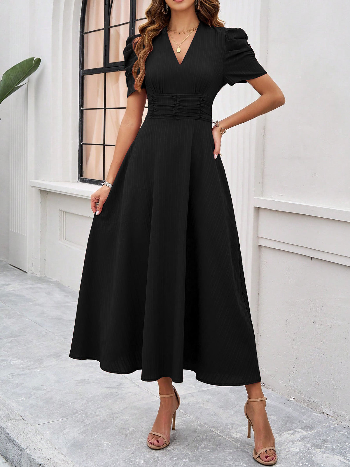 Puff Sleeve Ruched Waist Midi Dress - view 3