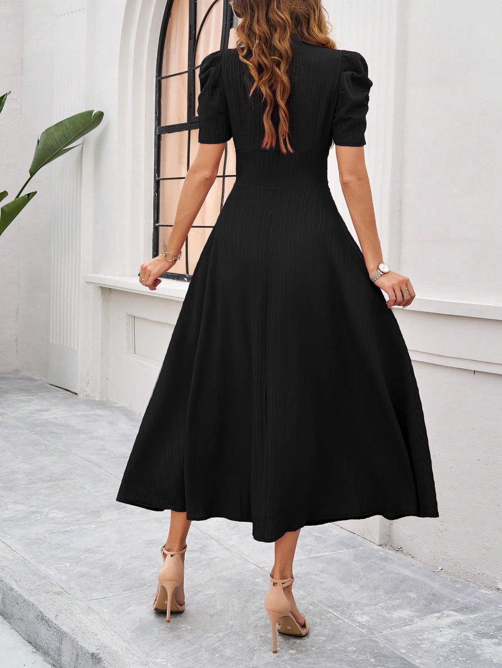 Puff Sleeve Ruched Waist Midi Dress - view 4