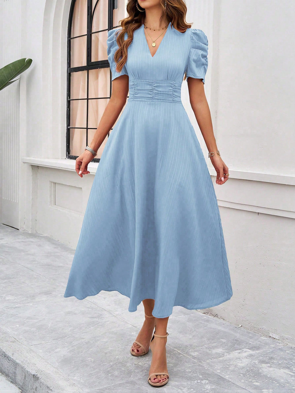 Puff Sleeve Ruched Waist Midi Dress - view 6