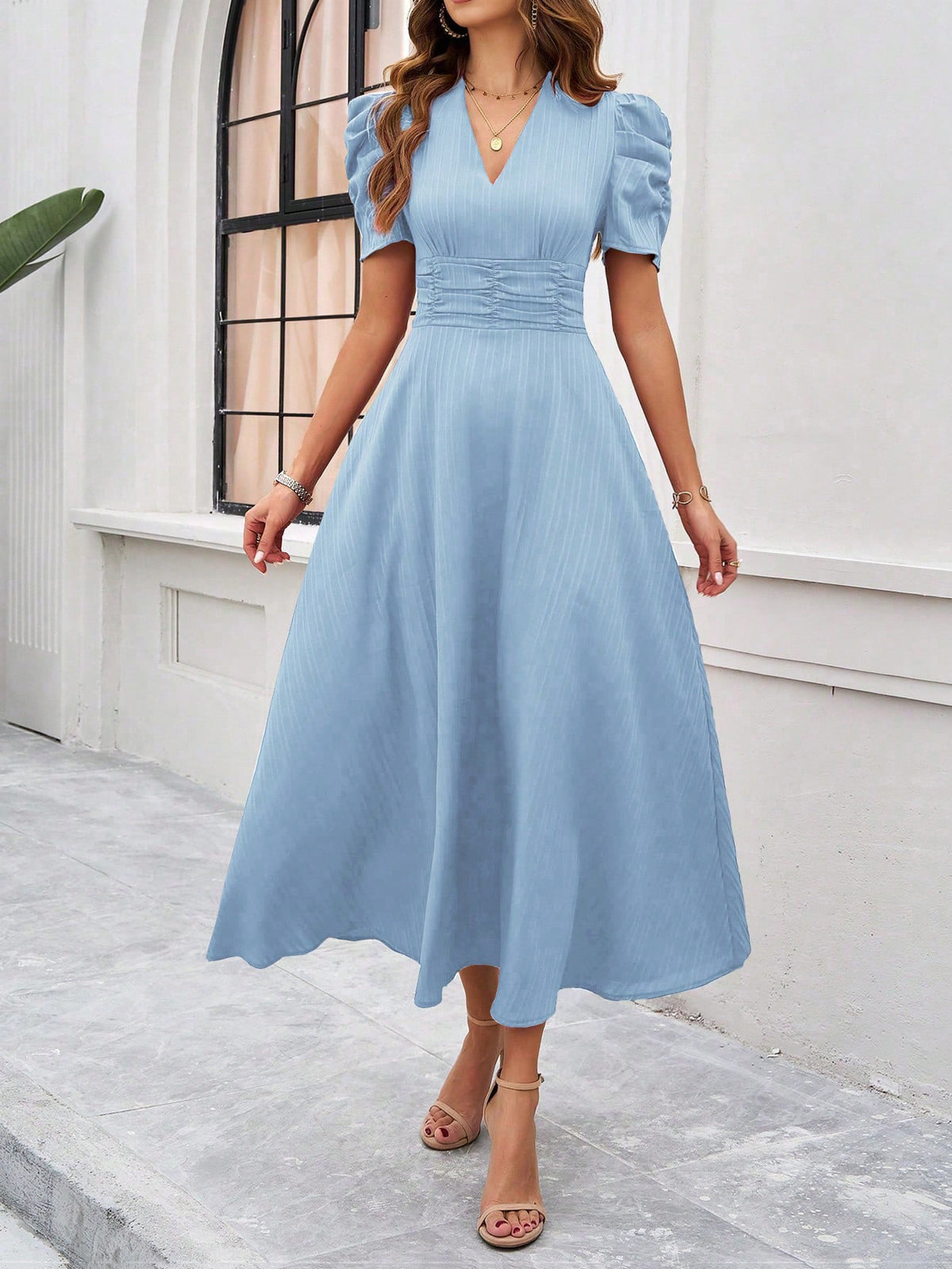 Puff Sleeve Ruched Waist Midi Dress - view 6