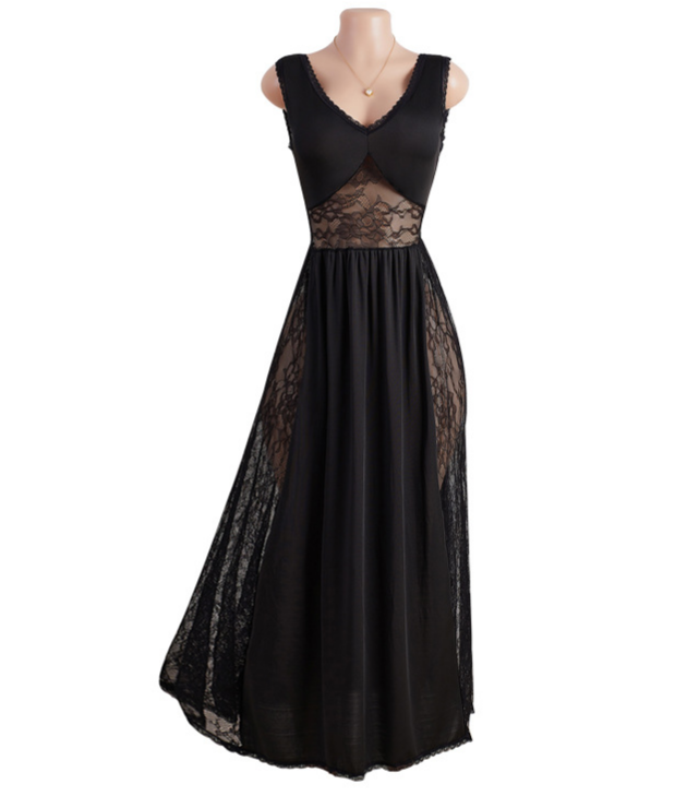 Sheer Lace Panel Satin Maxi Nightgown - Black