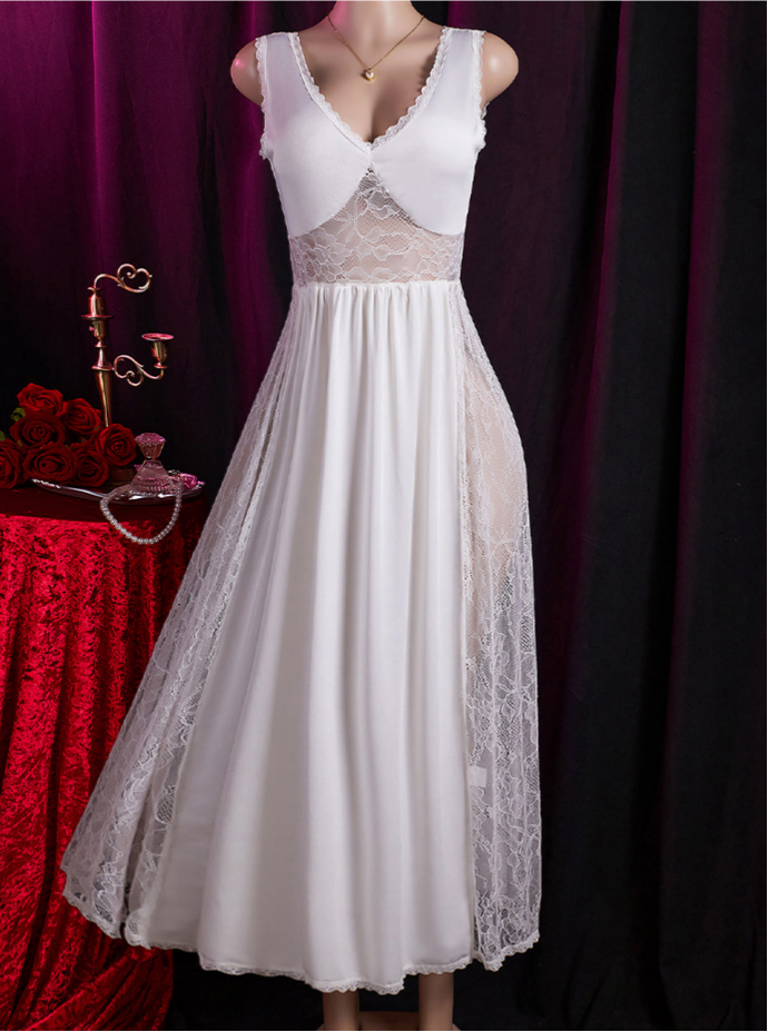 Sheer Lace Panel Satin Maxi Nightgown - White - 1