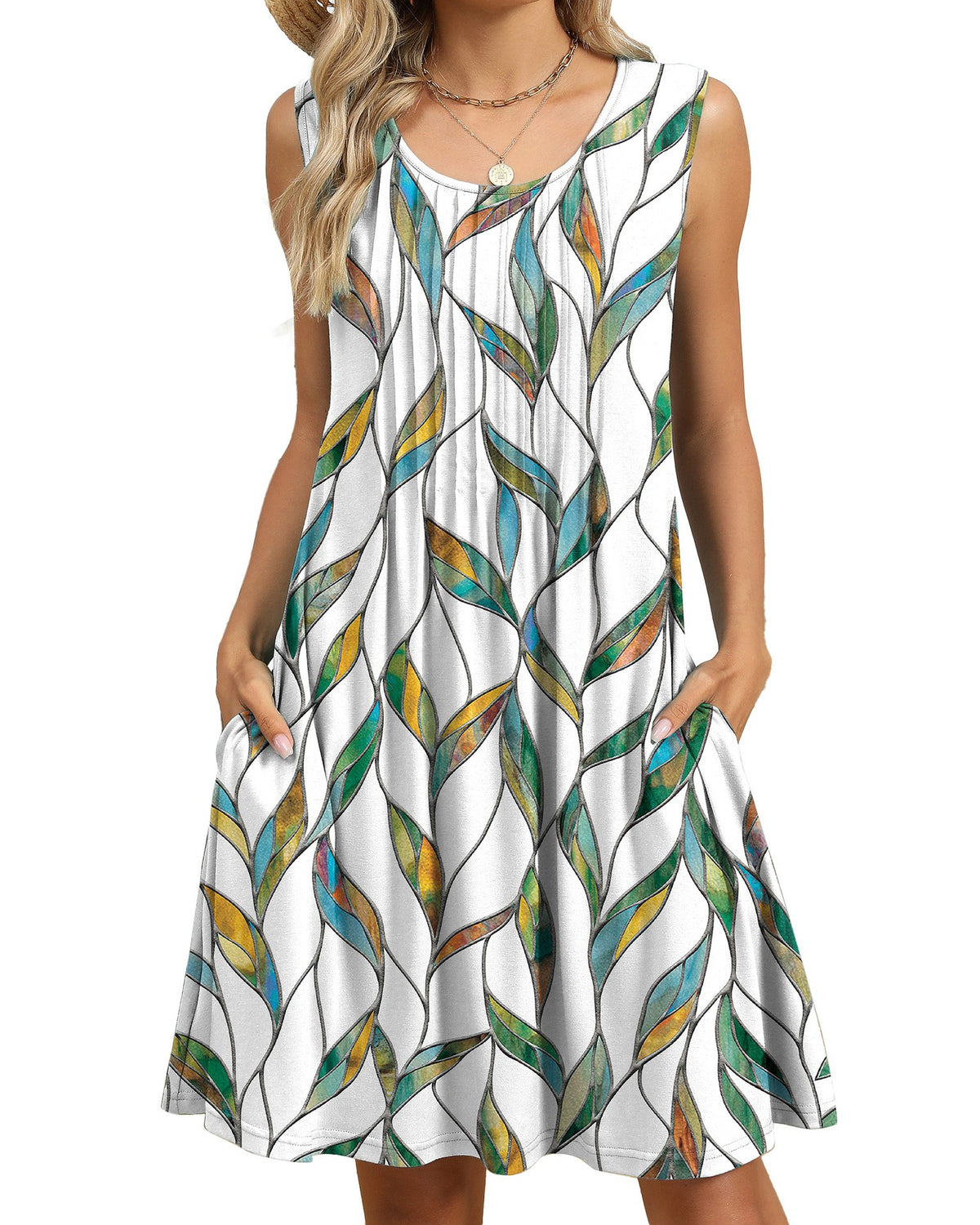 Pintuck Sleeveless Swing Dress With Pockets - Color_1